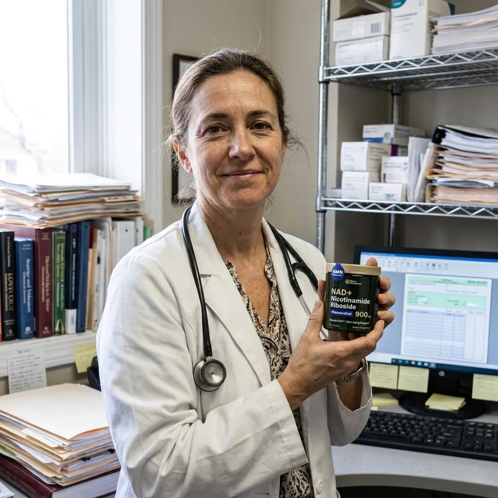 Doctora real con el bote NAD+ Reus Research