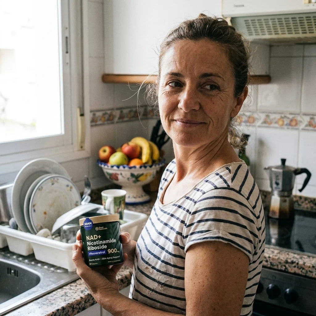 Mujer real con NAD+ en la cocina