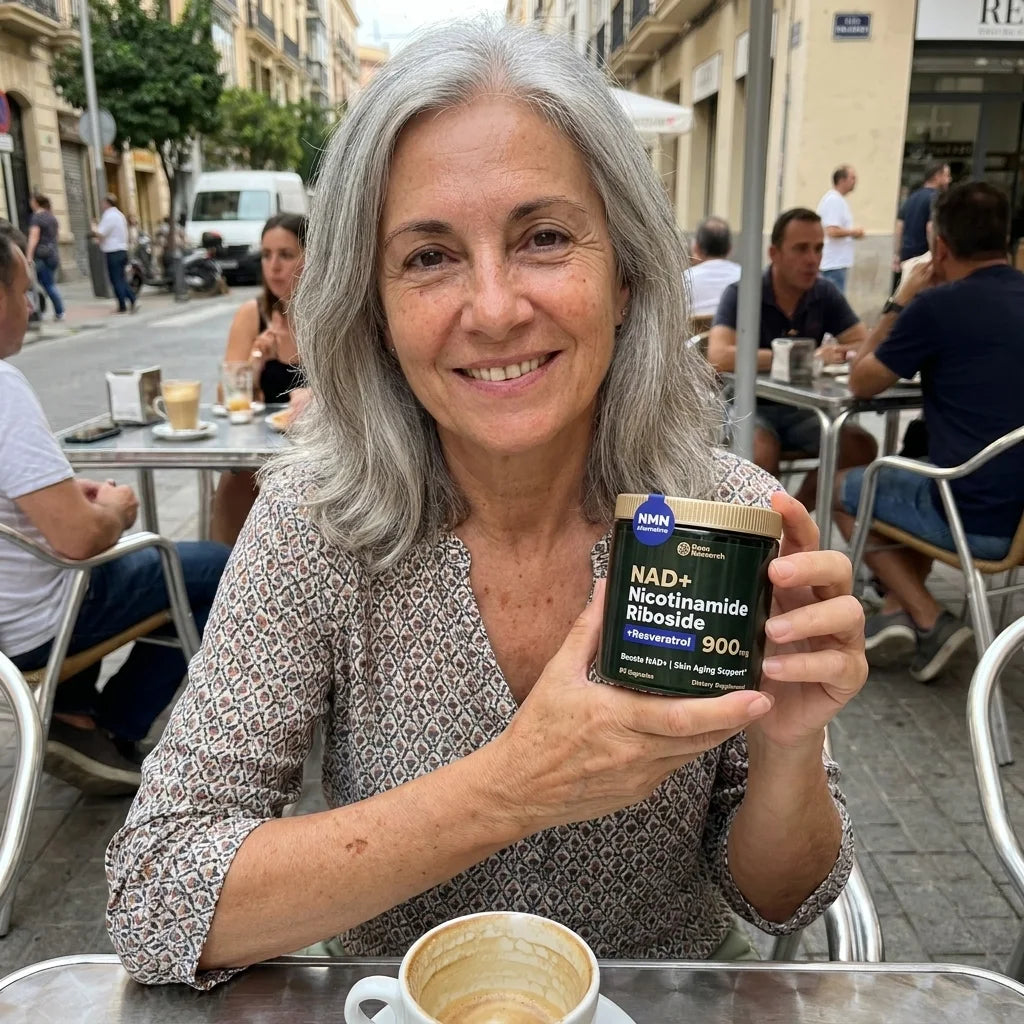 Mujer real con NAD+ en el cafe