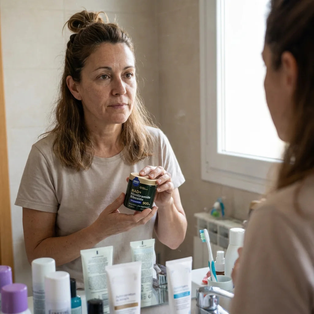 Mujer real con NAD+ en el bano