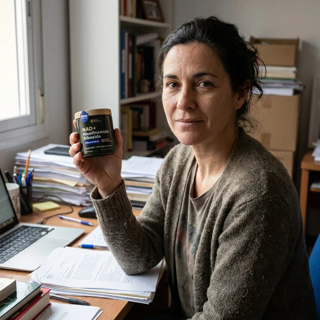 Mujer real con NAD+ en el escritorio