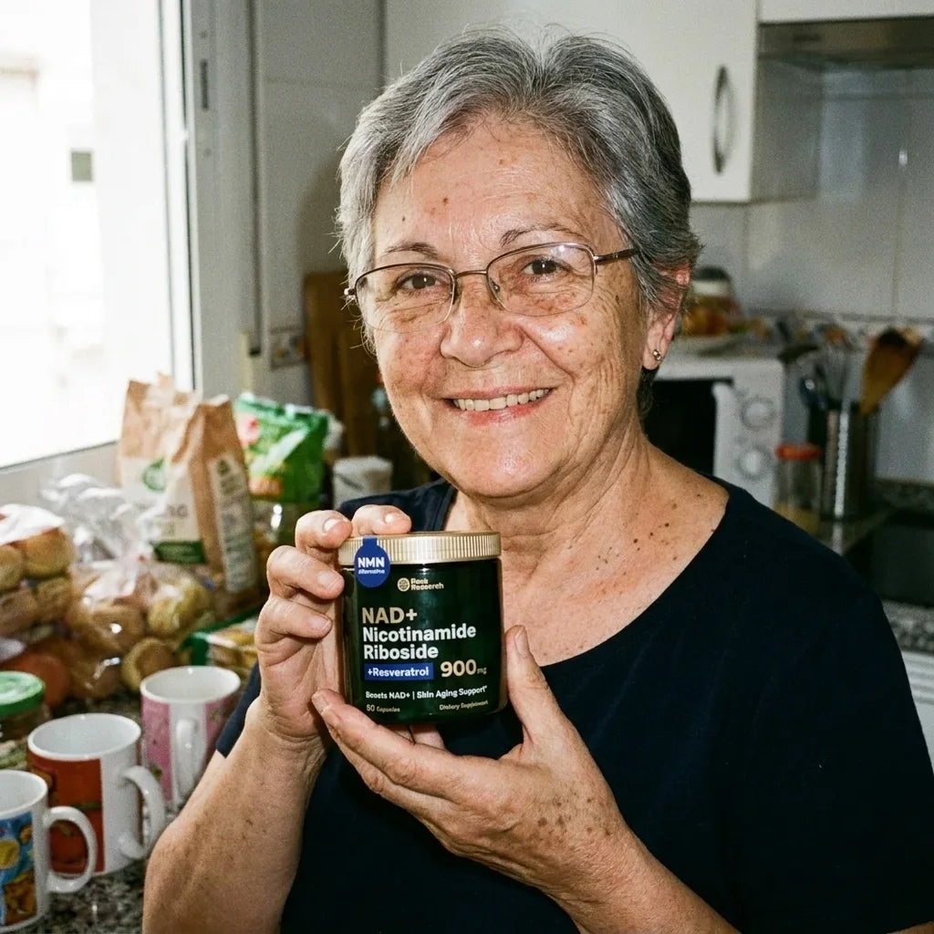Mujer real con NAD+ en la cocina