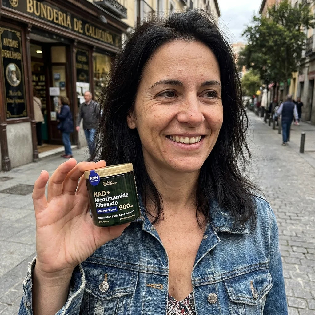 Mujer real con NAD+ en la calle